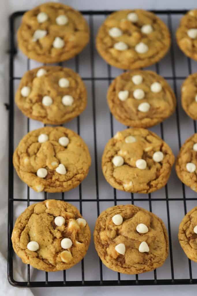 pumpkin cookies with white chocolate chips, white chocolate pumpkin cookies, chewy pumpkin cookies.
