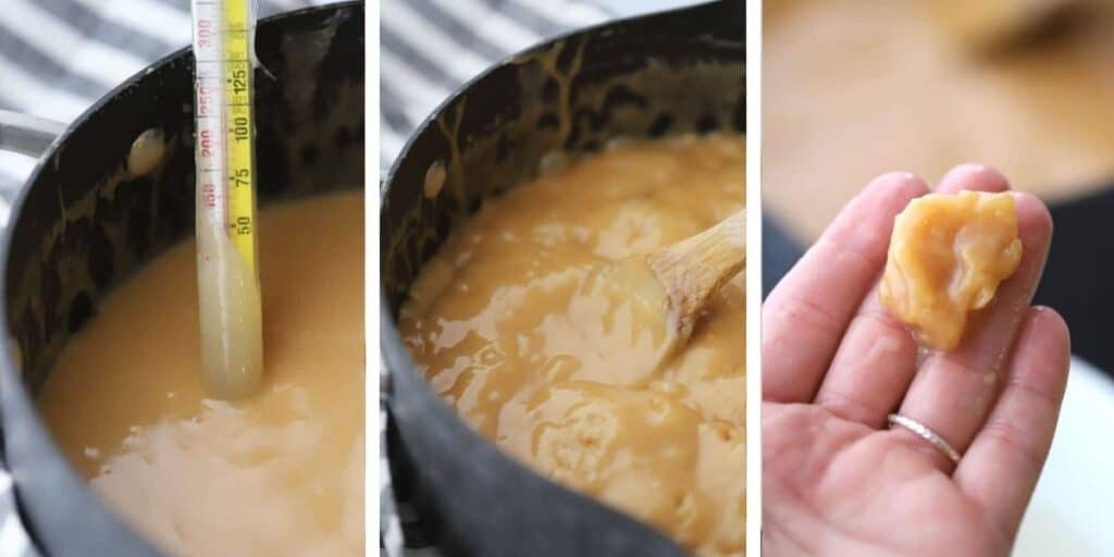 homemade caramel recipe in a pot, with a rapid boil, how to make caramel, 240 degrees is soft ball stage, how to make caramel candy recipe.