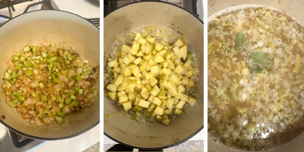 A dutch oven showing how to make corn chowder by cooking onions, garlic, celery, and diced potatoes. You can make corn chowder using frozen corn or fresh corn.