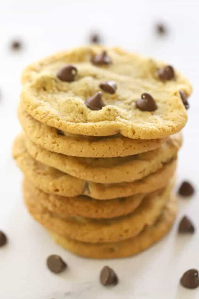 A stack of einkorn chocolate chip cookies.