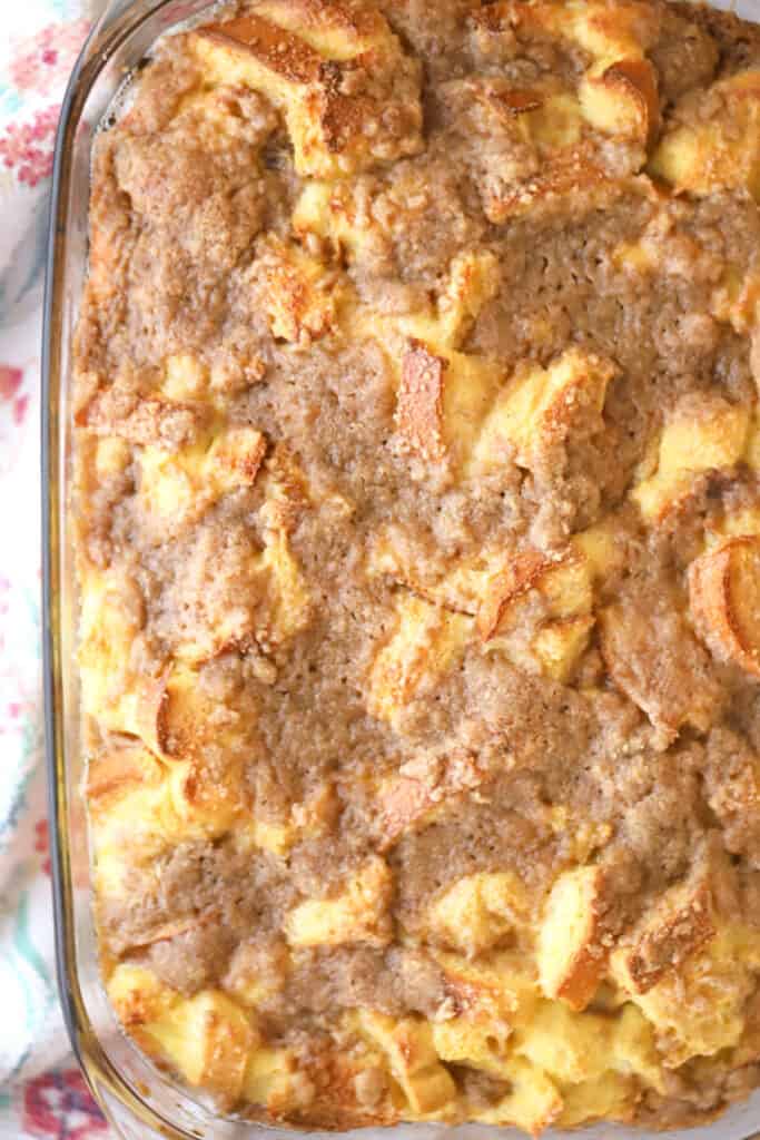 Easy French Bread French Toast bake, cooling in a baking pan and ready to serve.