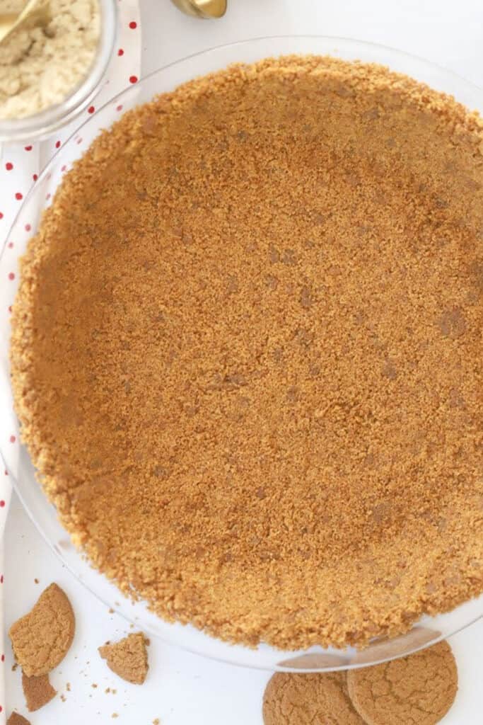 Gingersnap crust, ready for pumpkin cheesecake with gingersnap crust, gingersnap crust recipe, gingersnap cookie pie crust. 