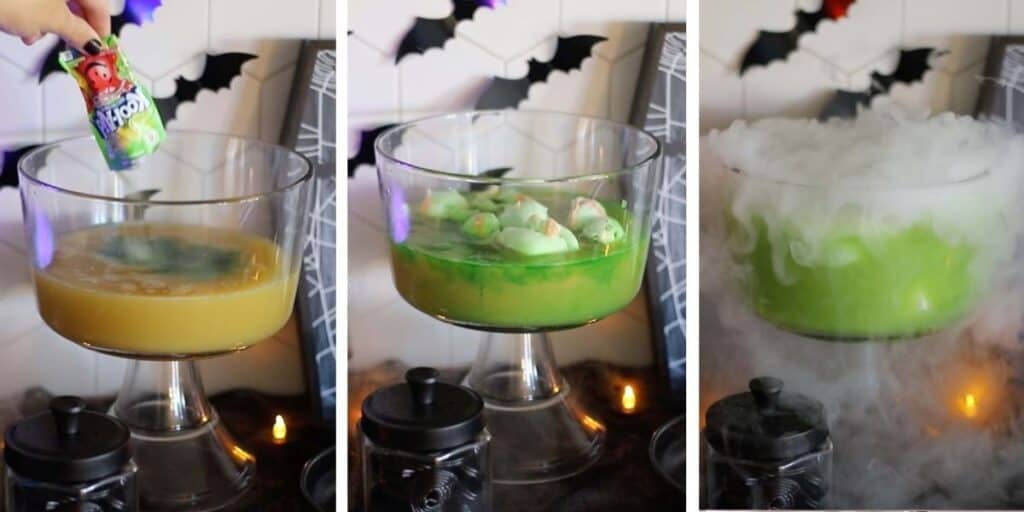 How to make this green halloween punch recipe using kool aid and dry ice. It's a great Halloween punch for kids and adults.