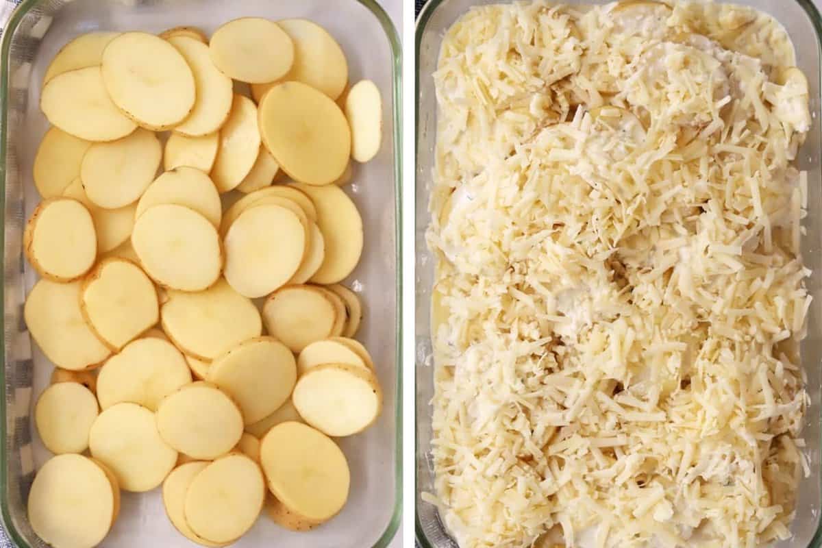 Golden Gruyere Potato Gratin 3 Layers of thinly sliced potatoes and creamy Gruyere cheese sauce in a baking dish, illustrating the preparation process.