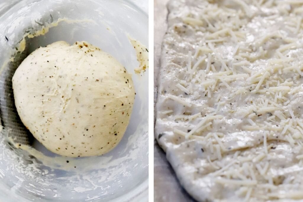herbed focaccia bread dough in a mixing bowl. focaccia herb bread dough rolled out on a baking sheet and topped with shredded cheese.