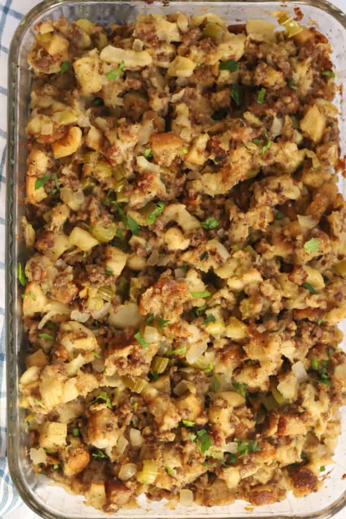 best sausage stuffing recipe in a glass baking dish. 