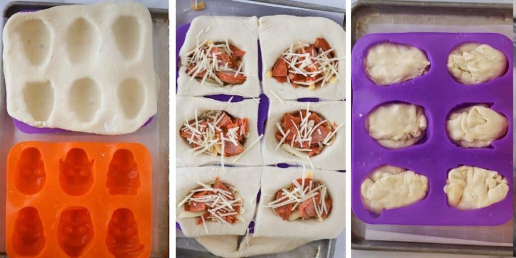 How to make pizza pockets with skull shaped molds. Halloween Pizza Skulls are perfect for parties or Halloween dinner.