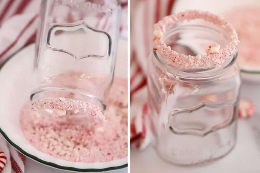 Crushed peppermint on the rim of a mason jar for hot chocolate.