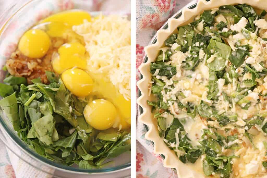 ingredients for feta and spinach quiche, unbaked breakfast quiche, spinach feta quiche, quiche spinach feta, 