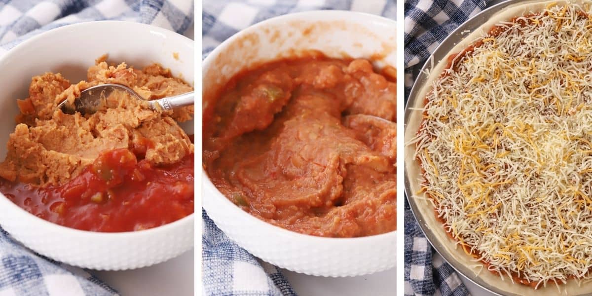 The simple process of preparing the rich and flavorful taco pizza sauce using a blend of refried beans and zesty salsa, showcasing the creamy texture and vibrant color.