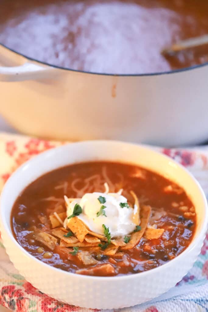 A white serving bowl full of this enchilada soup recipe, topped with tortilla strips, sour cream and cilantro. Ground turkey soup recipes, green enchilada soup, turkey tortilla soup, cream of turkey soup recipe.