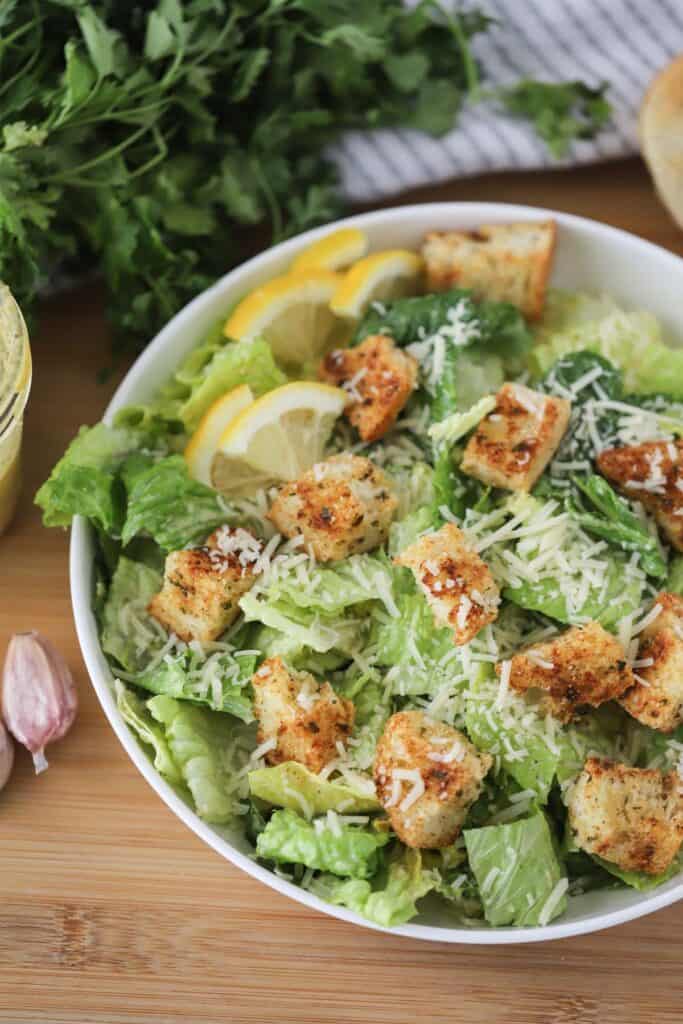 Classic caesar salad with homemade dressing and the best croutons for caesar salad.