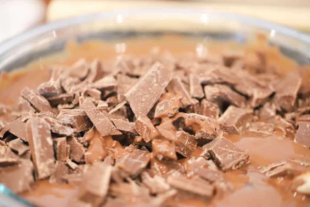 best chocolate for chocolate fountain, melting chocolate in a large bowl.