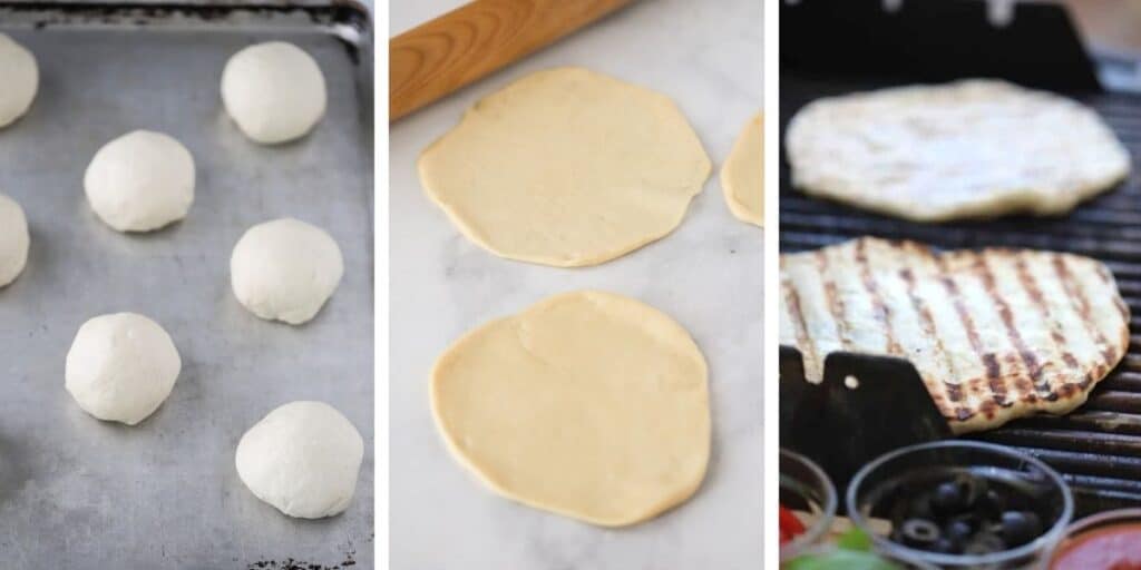 Grilled Pizza dough on a grill with grill marks on the top.