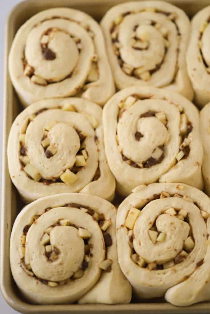 homemade cinnamon rolls rolled up and ready to bake, filled with caramel apple cinnamon roll filling. An easy apple caramel rolls recipe.