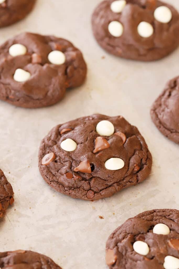 chocolate chip cake mix cookies on a baking sheet. An easy cake mix cookies recipe.