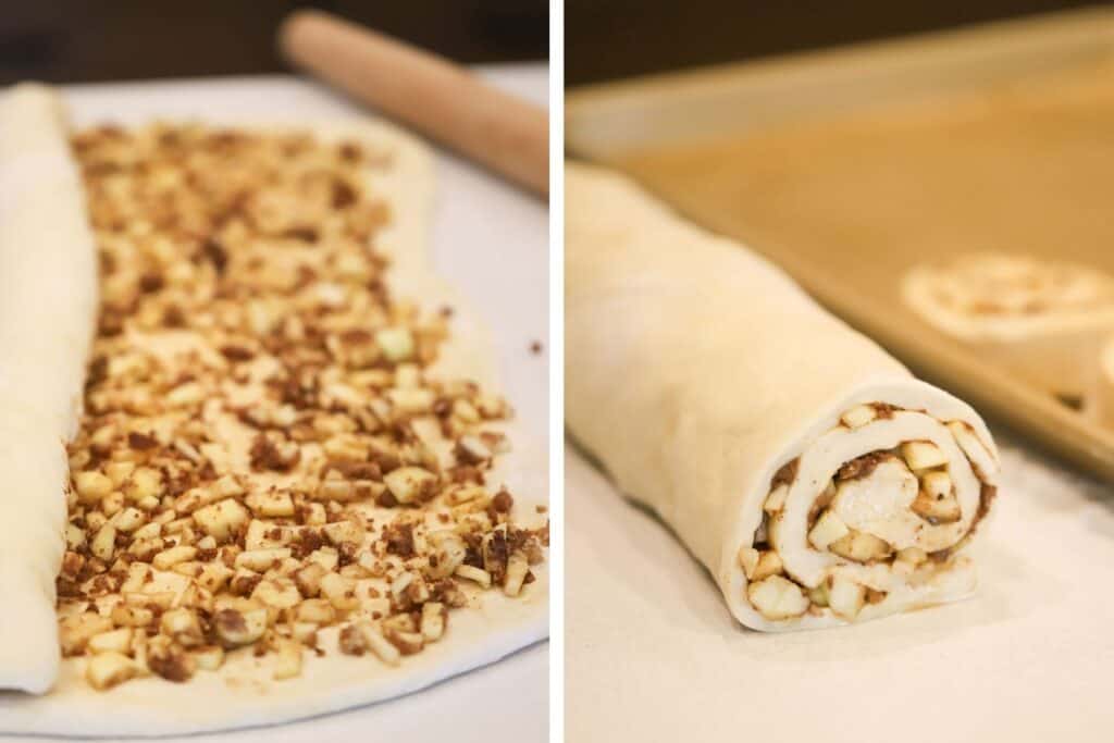 Apple cinnamon rolls filling inside cinnamon roll dough being rolled up.