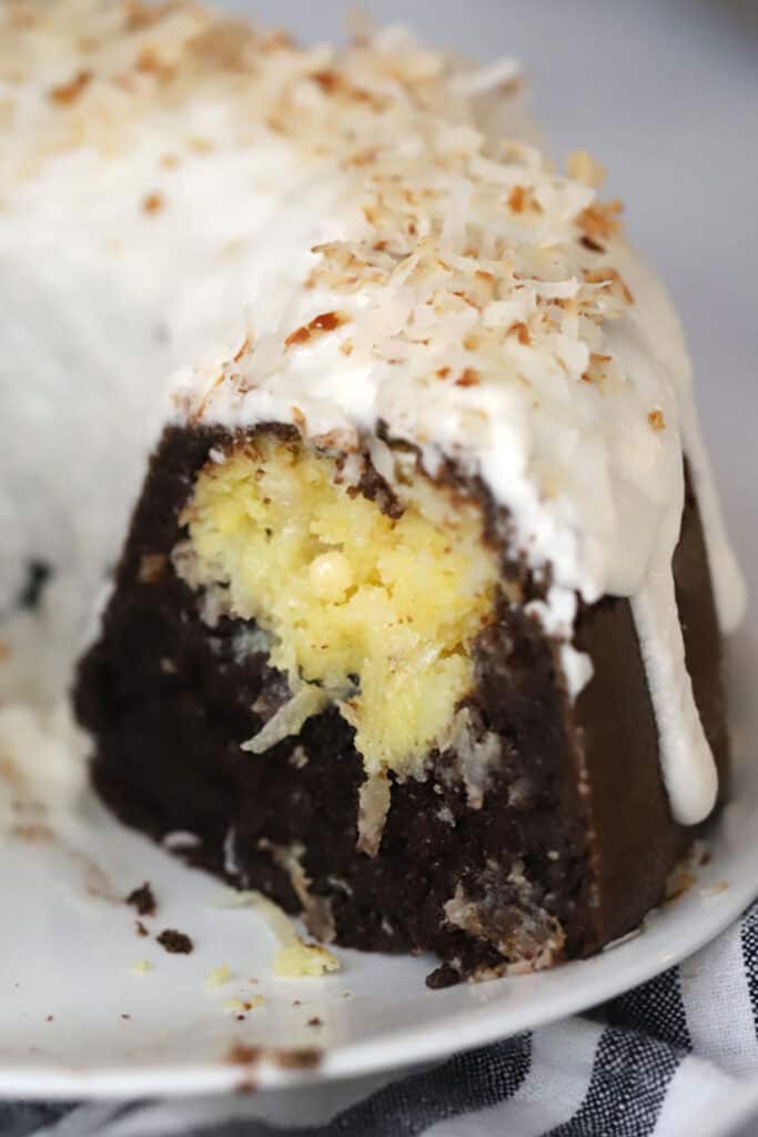 Chocolate coconut bundt cake with almond glaze.