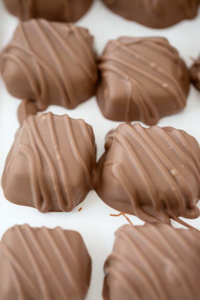 Dipped chocolate covered candies on a flat surface.