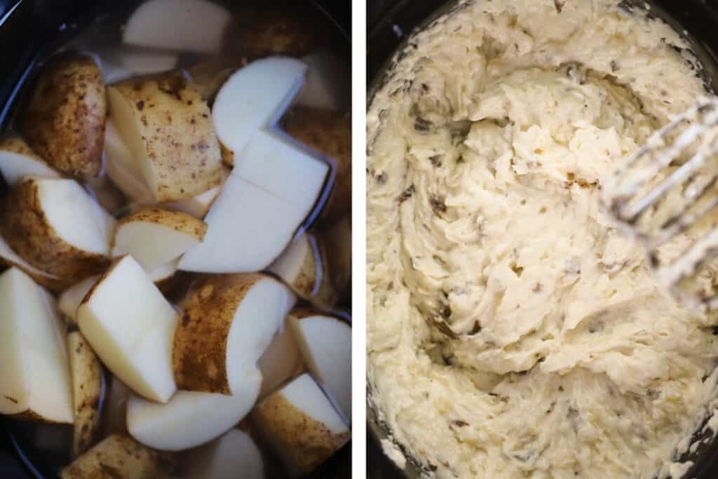 Boiling mashed potatoes and then mixing mashed potatoes, an easy crock pot mashed potatoes recipe.