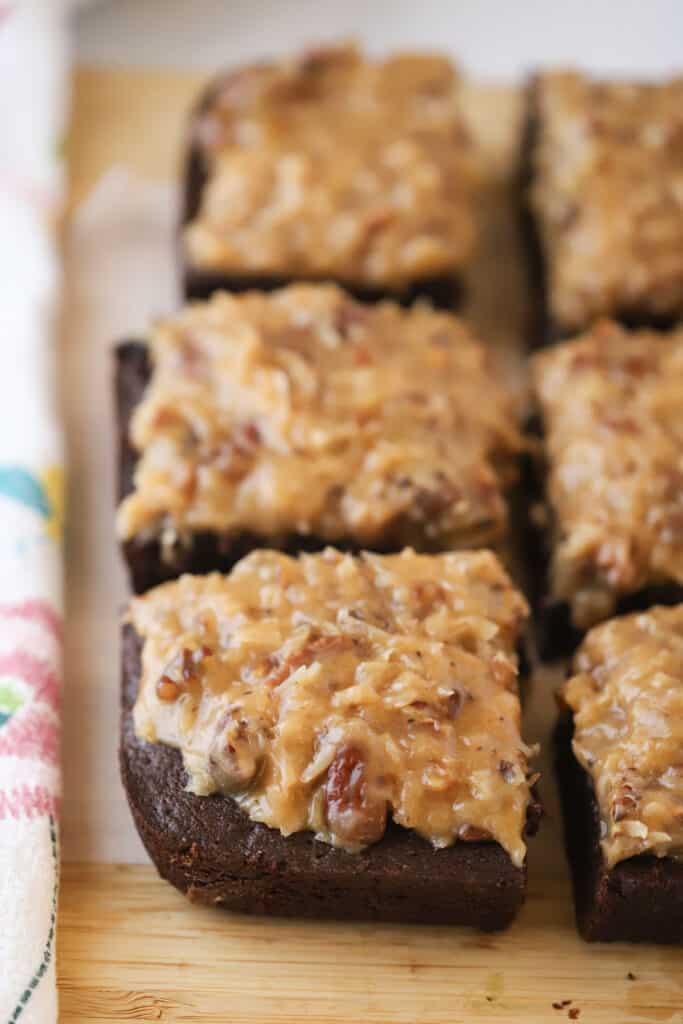 Chocolate cake squares topped with German Chocolate frosting, made with coconut and pecans.