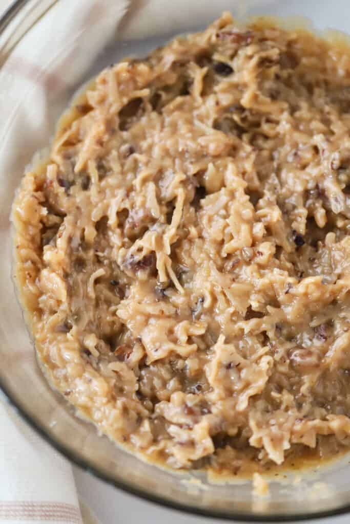Gooey coconut pecan frosting for topping German Chocolate Cake.