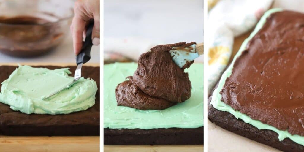 Spreading the mint chocolate frosting over the top of the brownie, then topping with chocolate ganache.