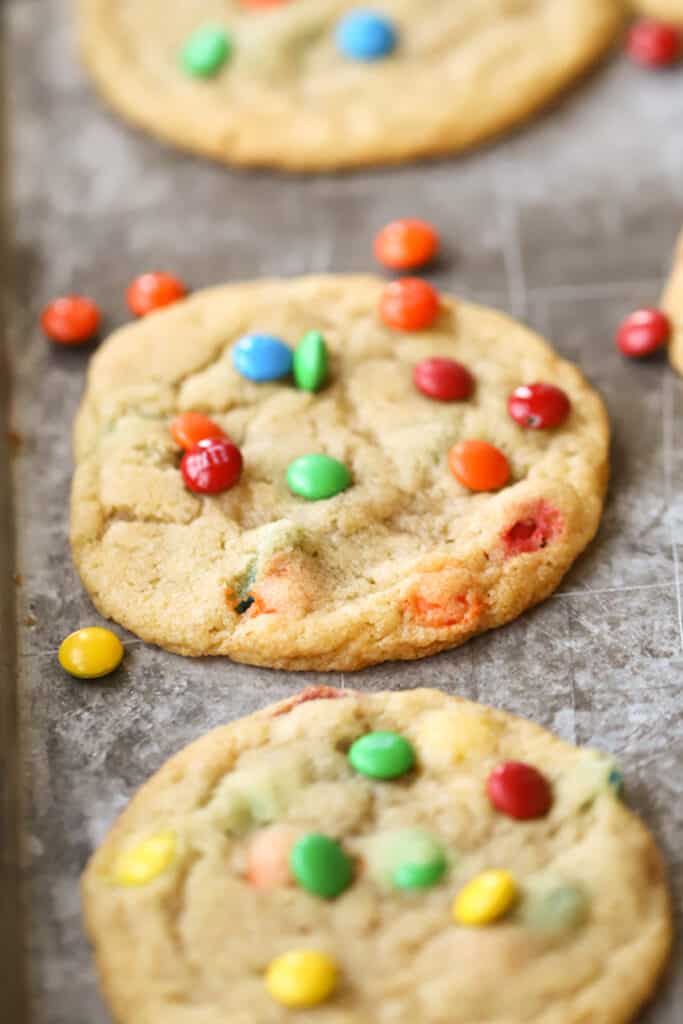 the Best homemade m and m cookies on a baking sheet