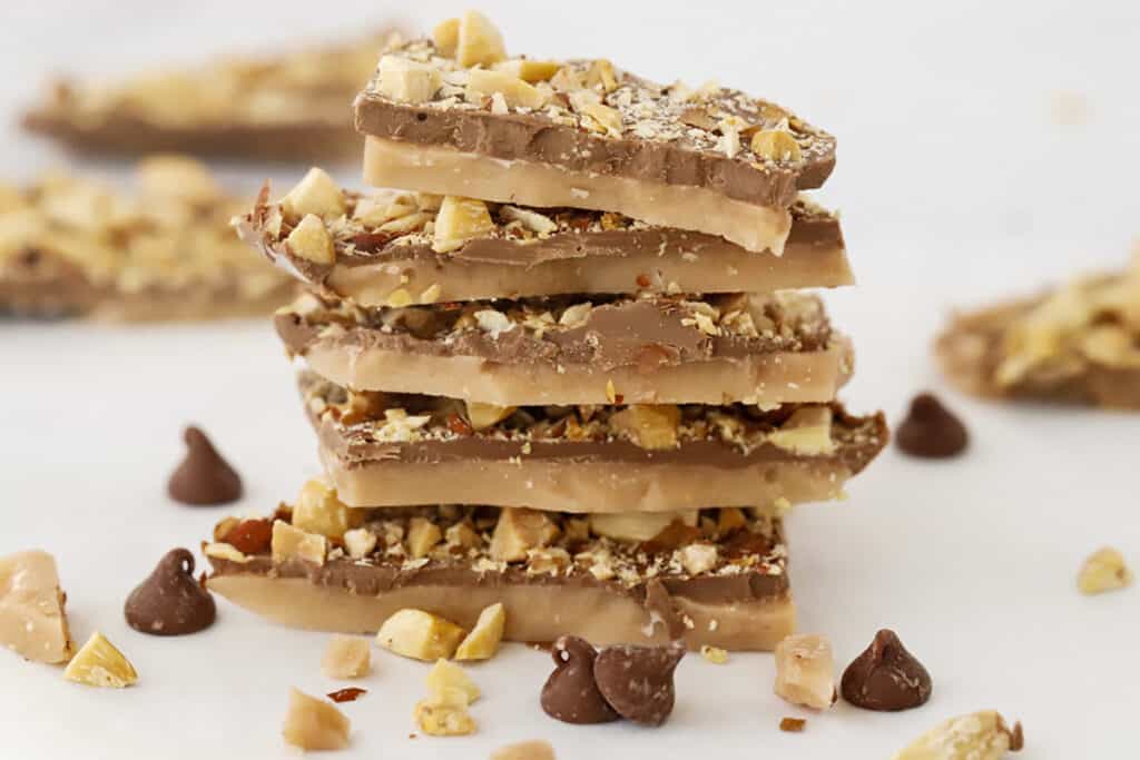 How to make buttery toffee, an old fashioned toffee recipe made with layers of toffee, chocolate, and almonds.
