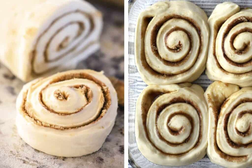 two pictures, A roll of cinnamon rolls being sliced and cinnamon rolls rising in a baking dish.