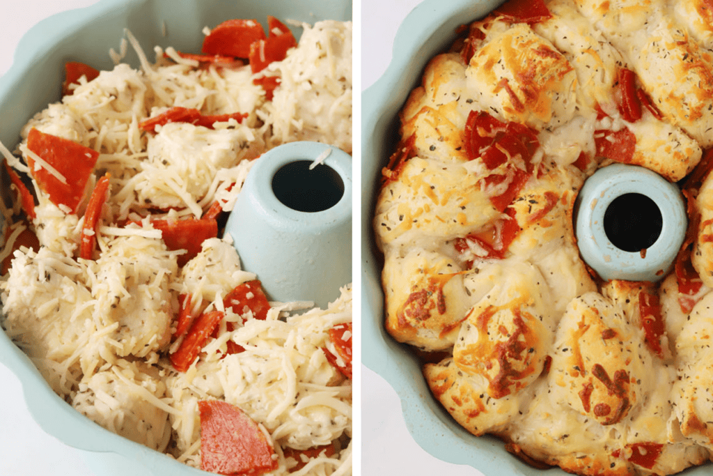 how to make pizza monkey bread in a bundt pan, easy appetizer. 