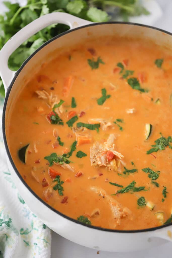 A large dutch oven full of Thai chicken curry coconut soup, one of the best winter chicken soup recipes.