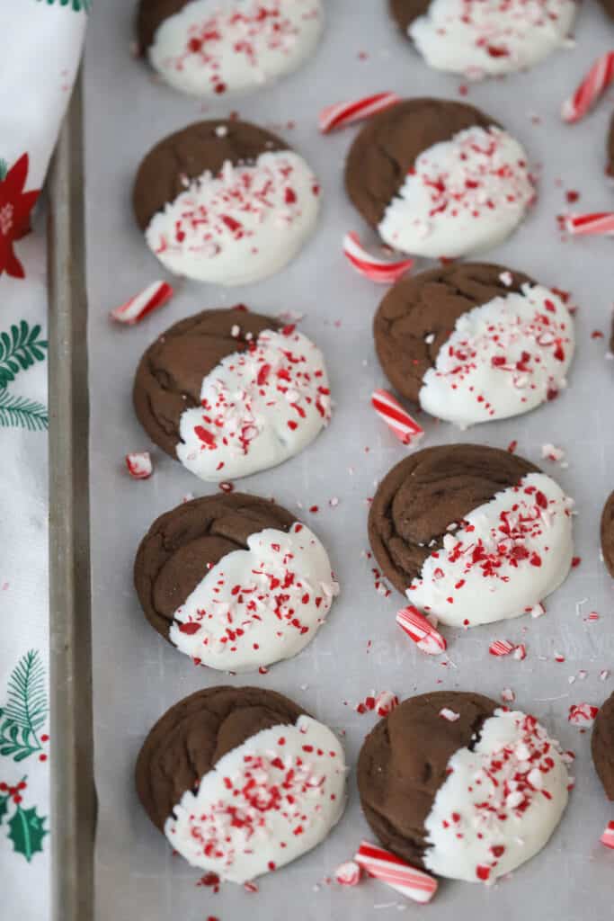 A baking sheet full of chocolate peppermint cookies dipped in white chocolate. They are an easy chocolate christmas cookie.