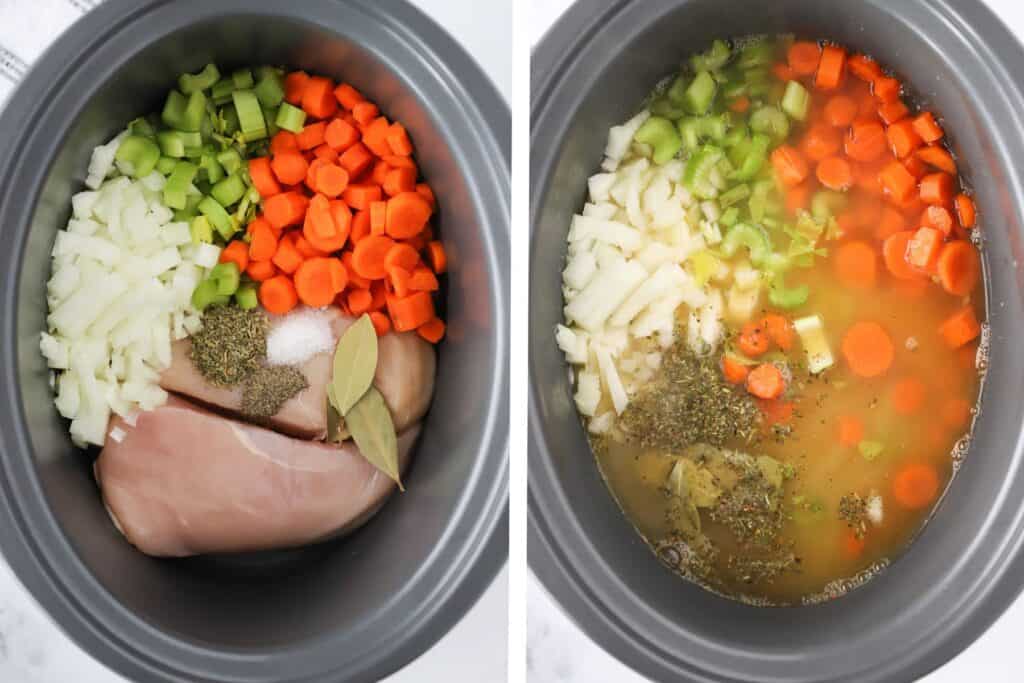 How to make slow cooker chicken noodle soup, chicken broth in a crockpot, ready to cook.