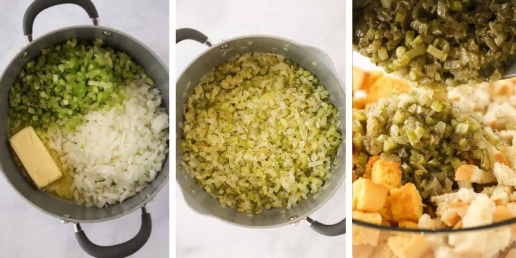 How to make stuffing in a crockpot, a large stockpot full of onions, celery, and butter to be added to the dry bread cubes.