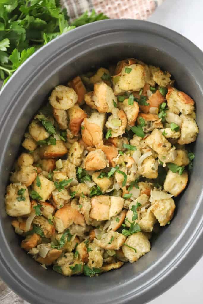 Thanksgiving Stuffing in a crockpot, an easy slow cooker stuffing recipe that's one of the best thanksgiving side dishes.