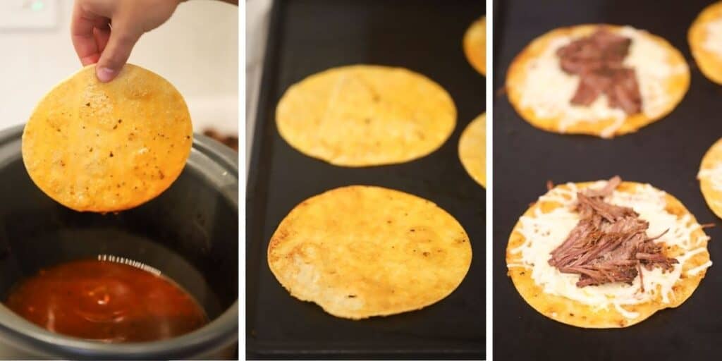 Corn tortillas on a skillet filled with birria beef.