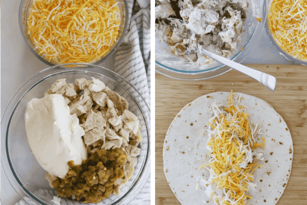 ingredients for homemade chicken enchiladas, picture of creamy chicken enchilada ingredients on a tortilla, ready to be rolled.
