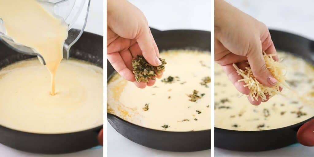 A hand adding the savory topping and parmesan cheese to dutch baby batter in a pan.