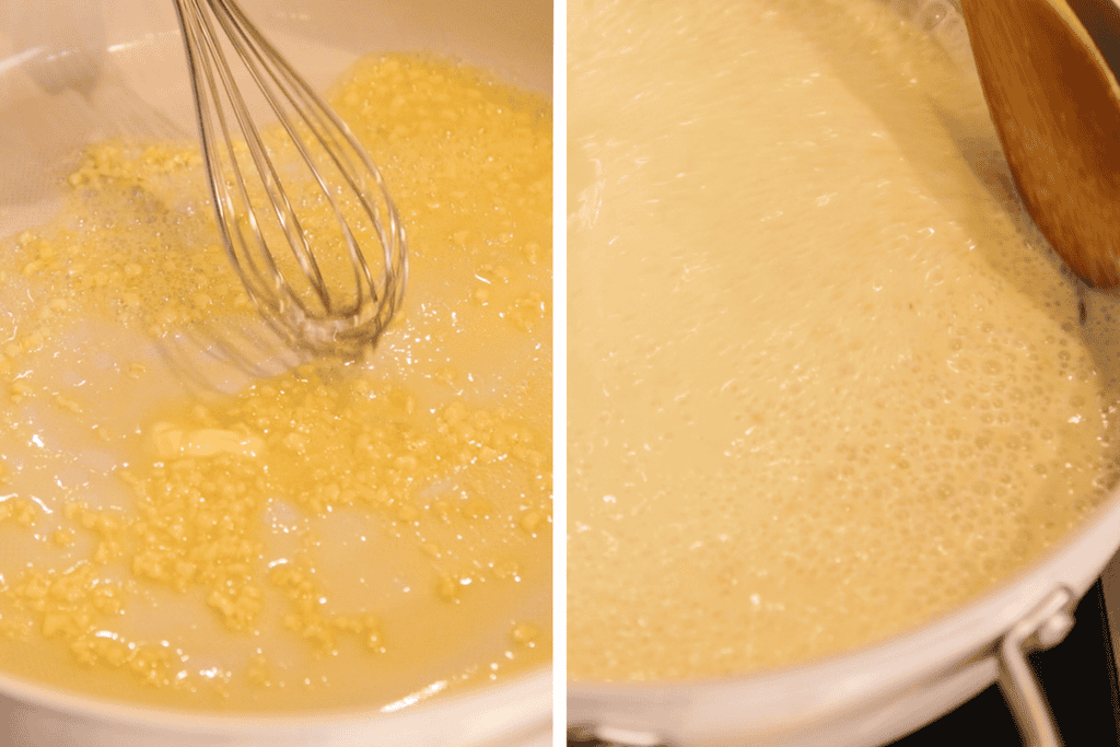 2 pics showing how to make the creamy parmesan sauce for the marry me chicken.