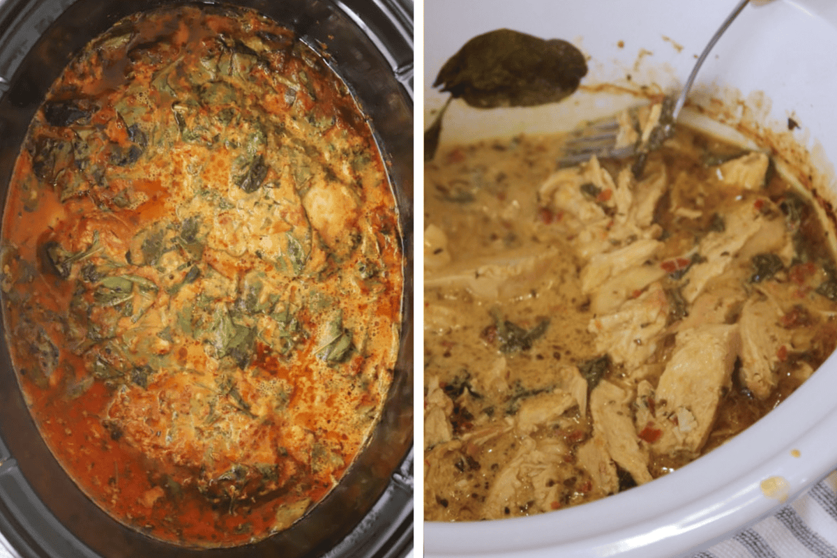 Slow Cooker Tuscan Chicken (Marry Me Chicken) in a crockpot. 2 pictures, one showing the cooked tuscan chicken and the other showing it shredded and back in the sauce in the slow cooker, ready to be served.
