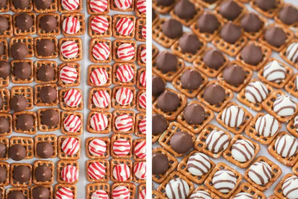 Trays with rows of pretzel bites topped with hershey kisses.