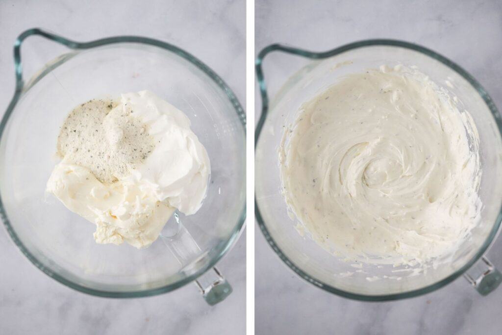 How to make ranch dip with cream cheese and sour cream.