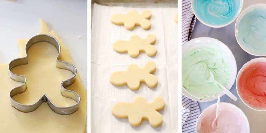 three photos showing rolling sugar cookies out to cut shapes for decorating, A baking sheet with cookies rolled out and cut into shapes, this rolled cookies recipe is easy and delicious. icing for rolled sugar cookies. how to make frosting for sugar cookies.