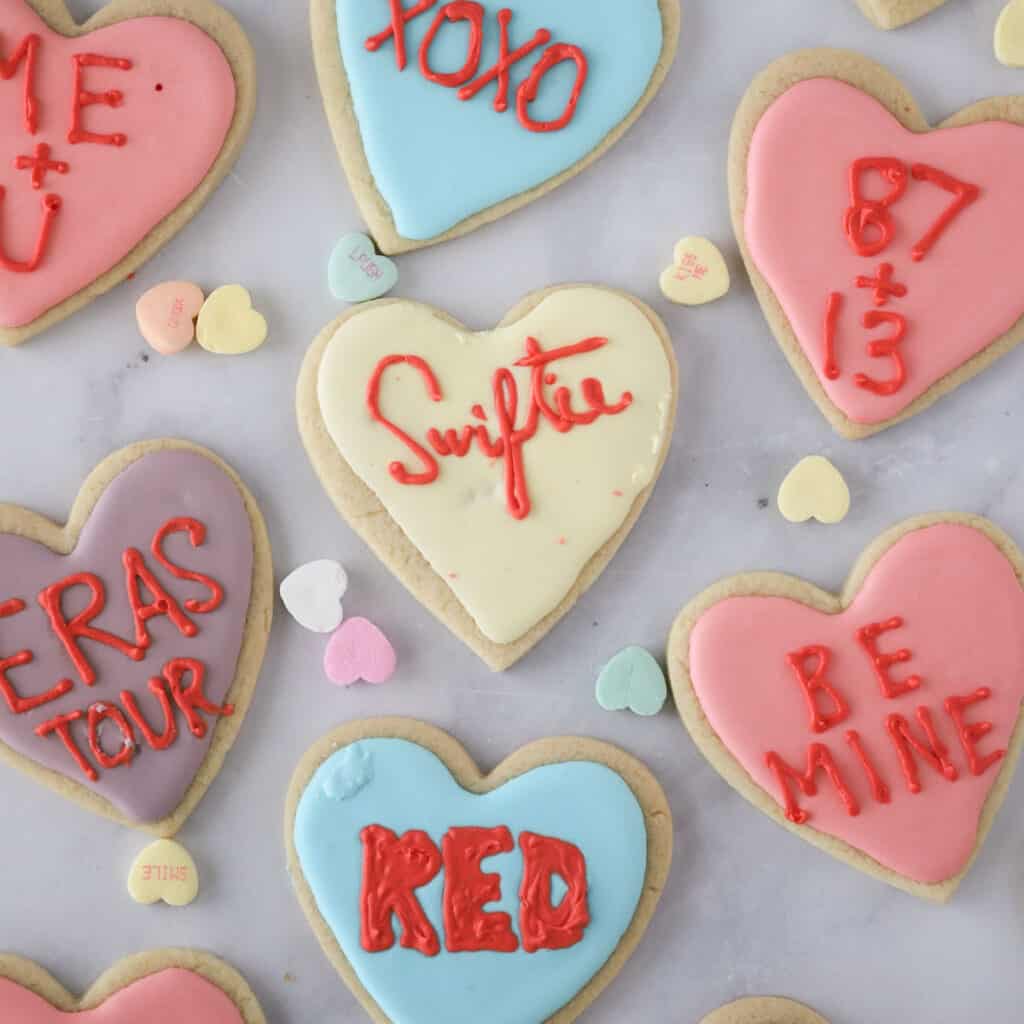 Taylor swift recipes for sugar cookies, valentine's heart cookies.