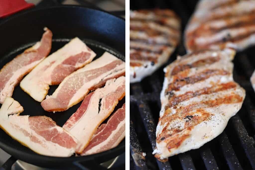 bacon cooking in a skillet and chicken breasts cooked until golden on a grill. 