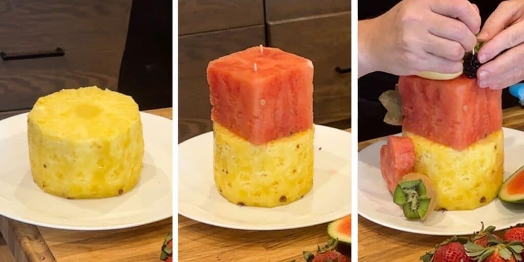 How to make the base for a fresh fruit cake using pineapple and watermelon with large wooden skewers.
