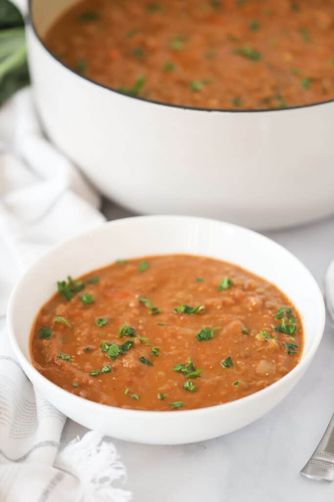 This vegan lentil soup recipe is hearty, delicious, and easy to make.