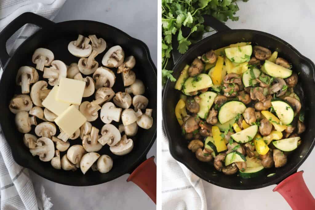 Mushrooms and other sauteed veggies cooking in a cast iron skillet with butter.