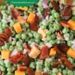 how to make pea salad with bacon and cheese, easy summer salad recipe.